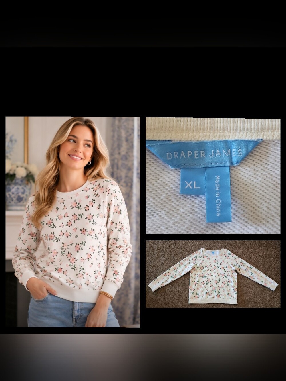 XL fit Large ?? Draper James Natalie Sweatshirt Cream Pink Magnolia Floral Print